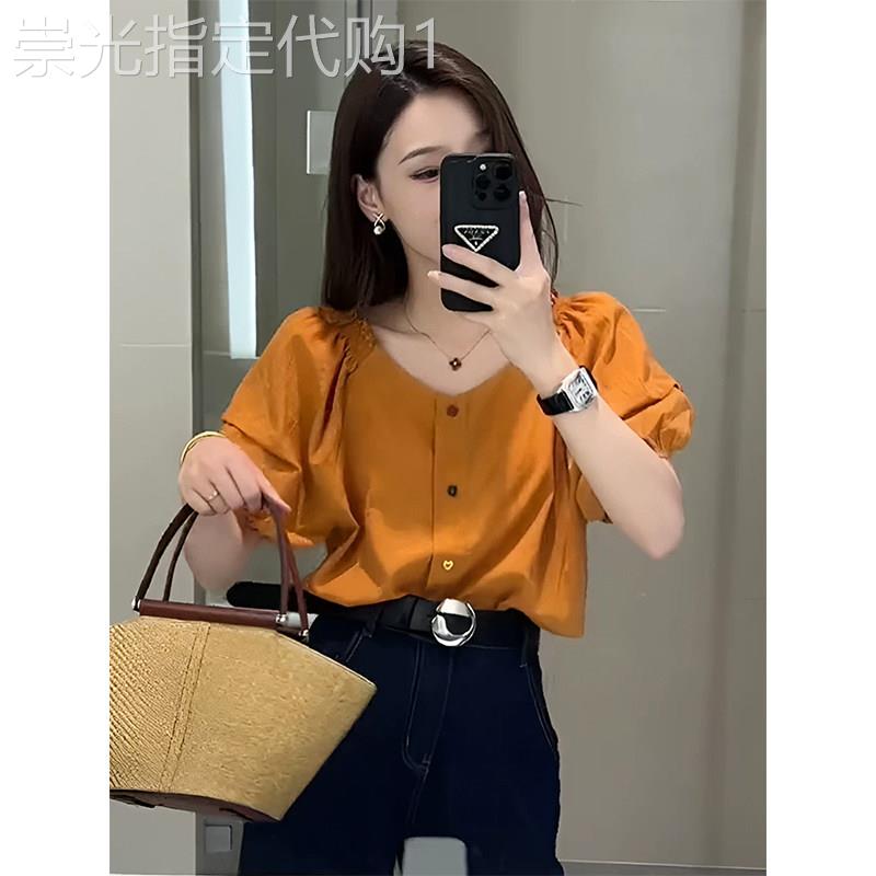 南瓜橘法式V领泡泡袖短袖衬衫女夏季欧货气质百搭款宽松洋气上衣