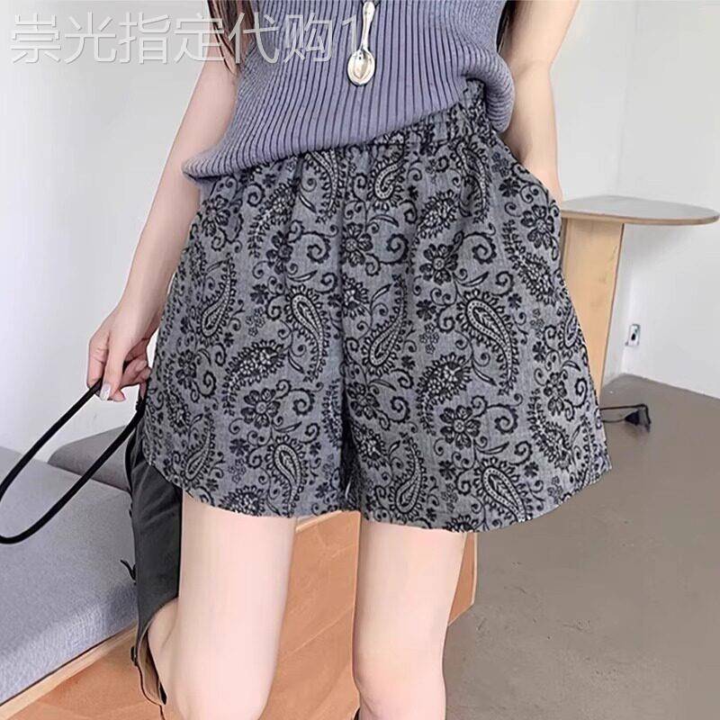 复古灰色腰果花休闲短裤女2026夏季薄款松紧高腰宽松阔腿运动热裤