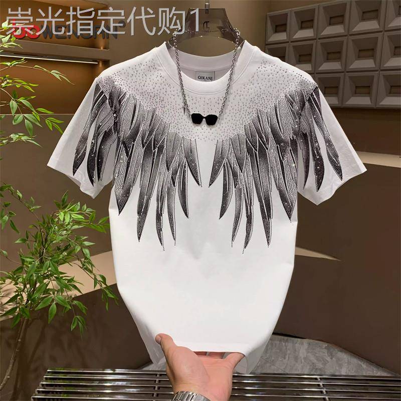 重工烫钻天使翅膀印花短袖T恤男士2025新款夏季欧货痞帅半袖男款