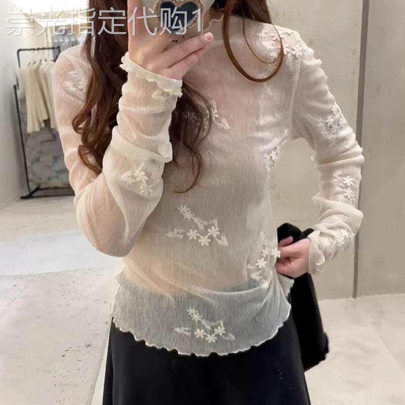 微透网纱内搭打底衫女春秋欧货新款大码蕾丝刺绣薄款气质小衫上衣