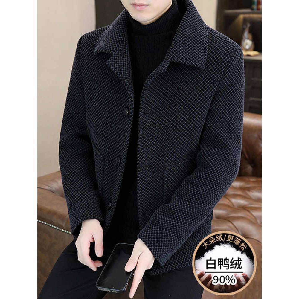 潮牌男士翻领毛呢羽绒服外套冬季鸭绒服加厚保暖短款时尚呢子大衣