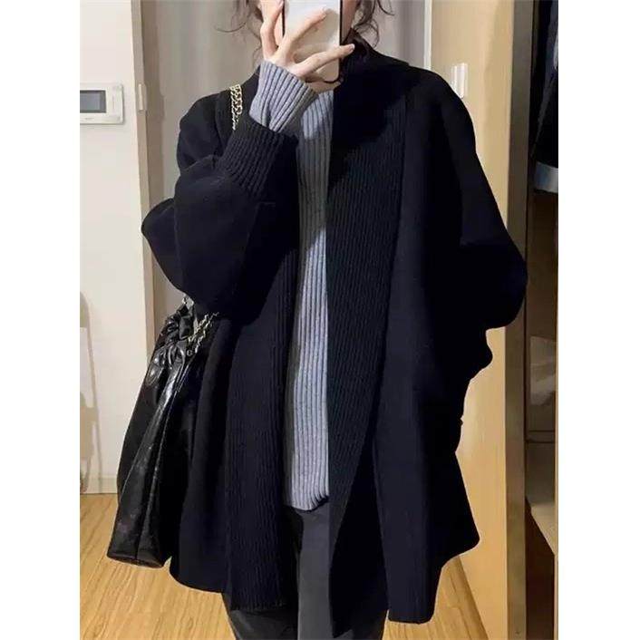 法式覆古黑色毛衣外套开衫女秋冬季新款宽松慵懒风中长款针织上衣