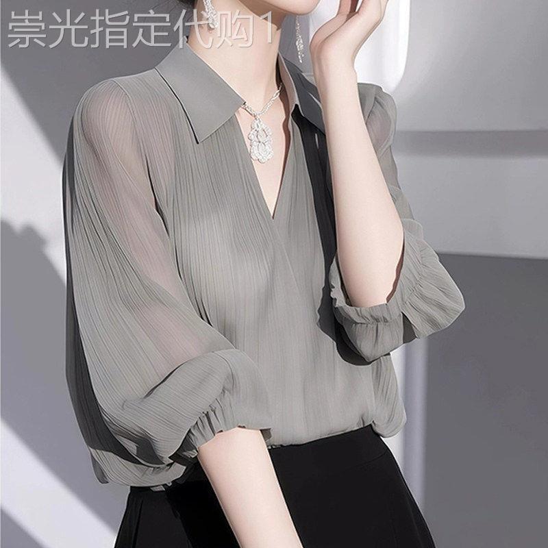 灰色雪纺衬衫女夏季2026新款休闲小衫轻奢高级感独特漂亮气质上衣