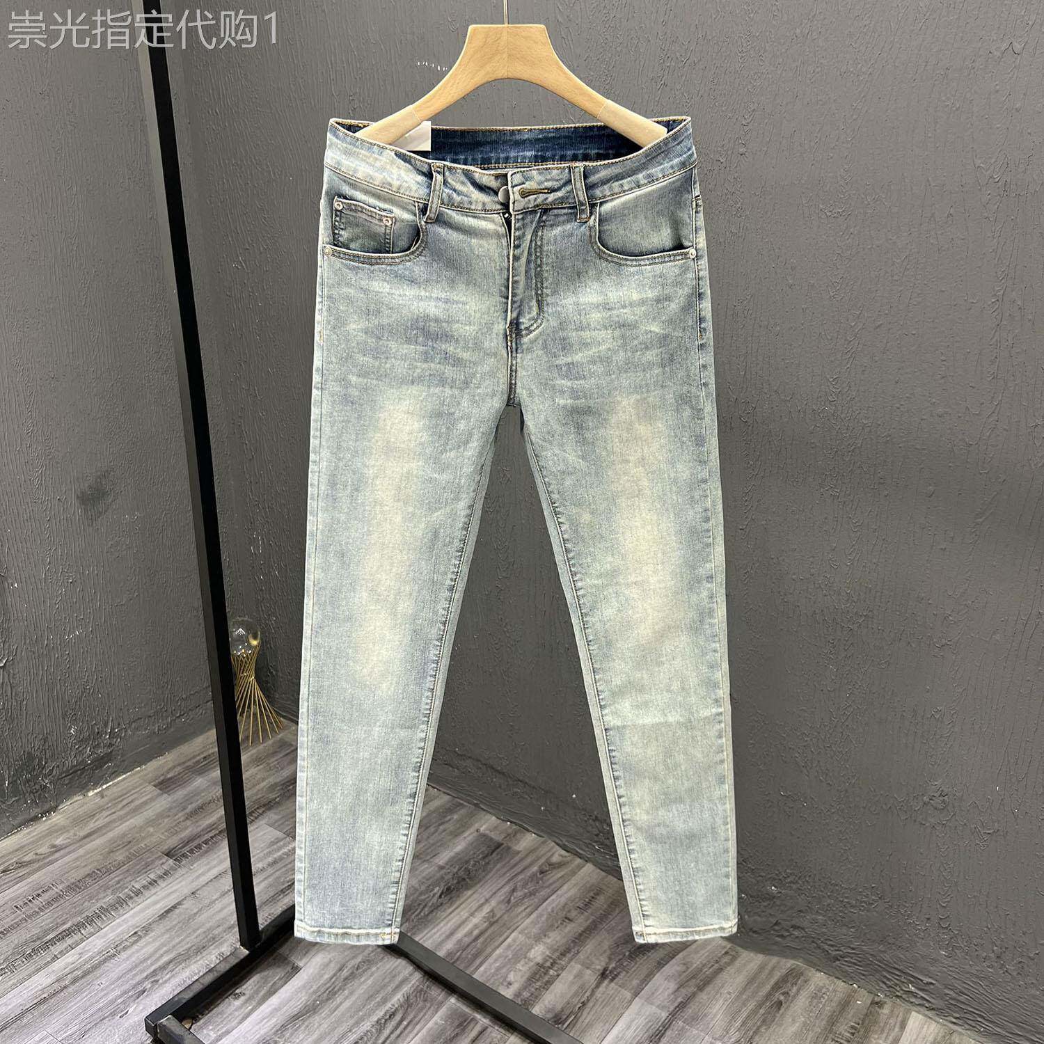 高端九分小脚牛仔裤男士秋冬季2026新款潮流做旧直筒弹力裤子男款