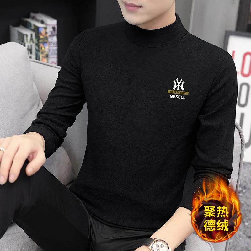 2025新款品牌男士长袖t恤高端印花春秋季黑色半高领德绒打底衫男