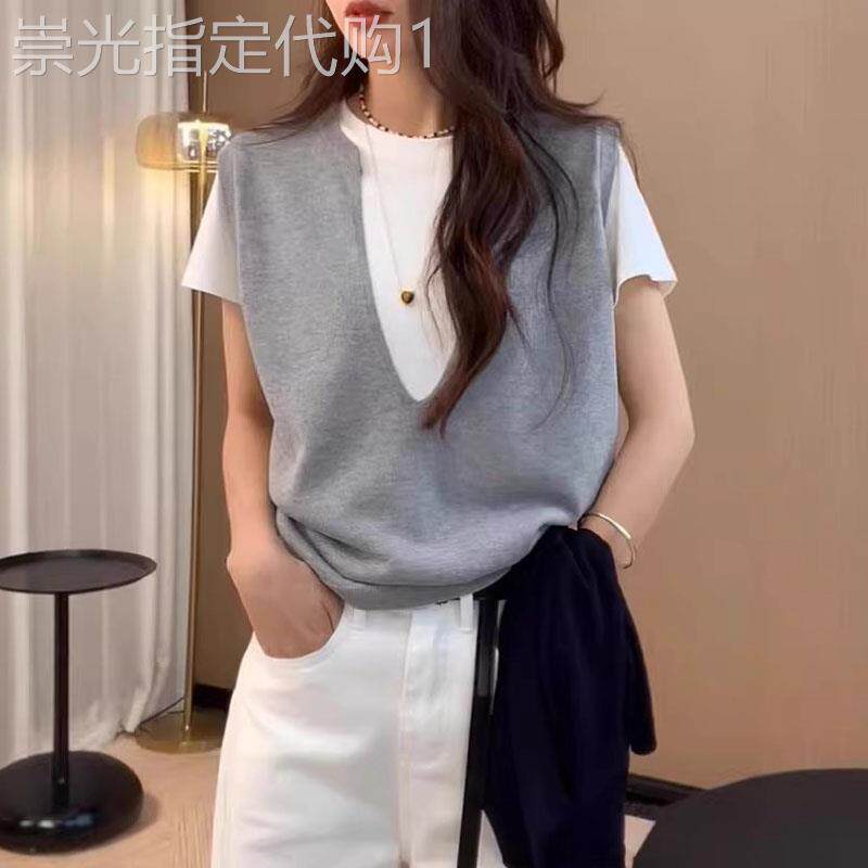 冰丝针织衫女士夏季欧货大码胖MM假两件宽松显瘦短袖T恤薄款上衣