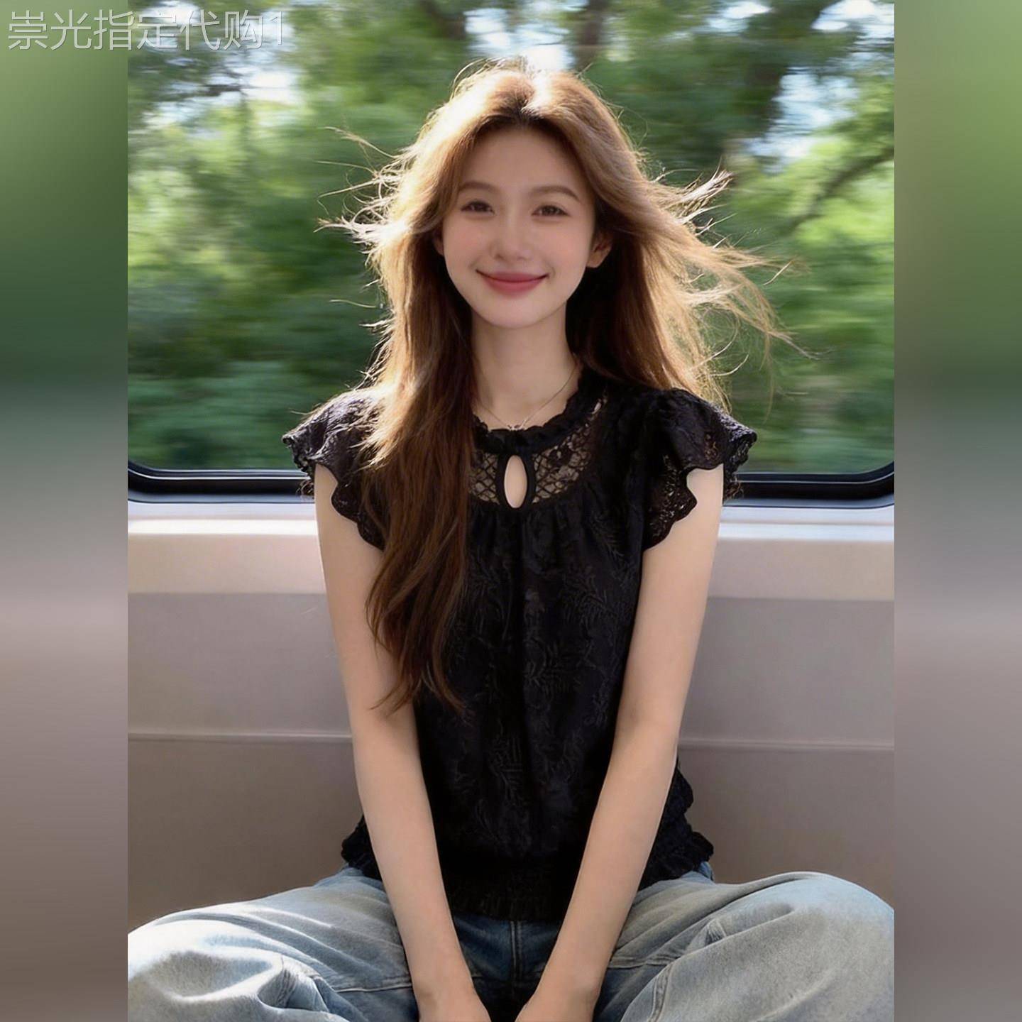 黑色方领蝴蝶结短袖上衣女夏季2026新款小个子绝美设计感大码内搭