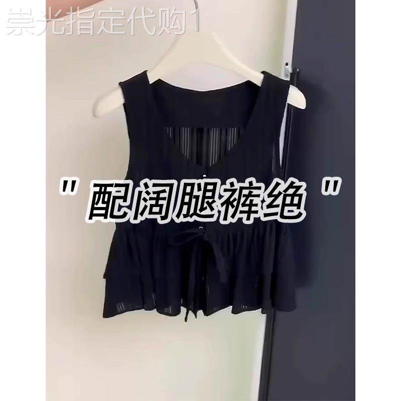 黑色V领吊带背心女夏外穿设计感别致宽松收腰显瘦娃娃衫无袖上衣