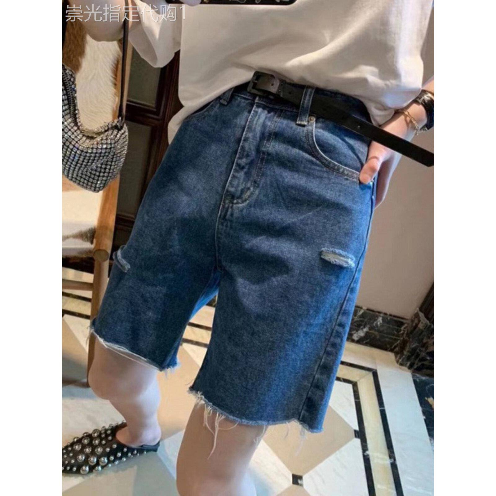 五分破洞牛仔短裤春秋夏新款高腰显瘦大码梨形身材休闲阔腿中裤