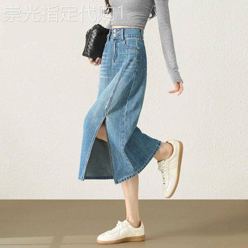简珀牛仔半身裙女春季新款侧开叉A字裙显瘦复古简约百搭中长裙子
