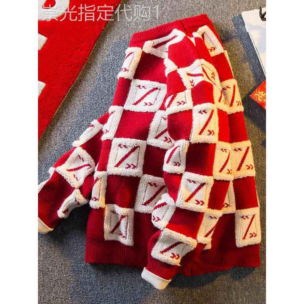 羊绒羊毛衫男士秋冬季美式覆古格子毛衣刺绣提花情侣款圆领上衣服