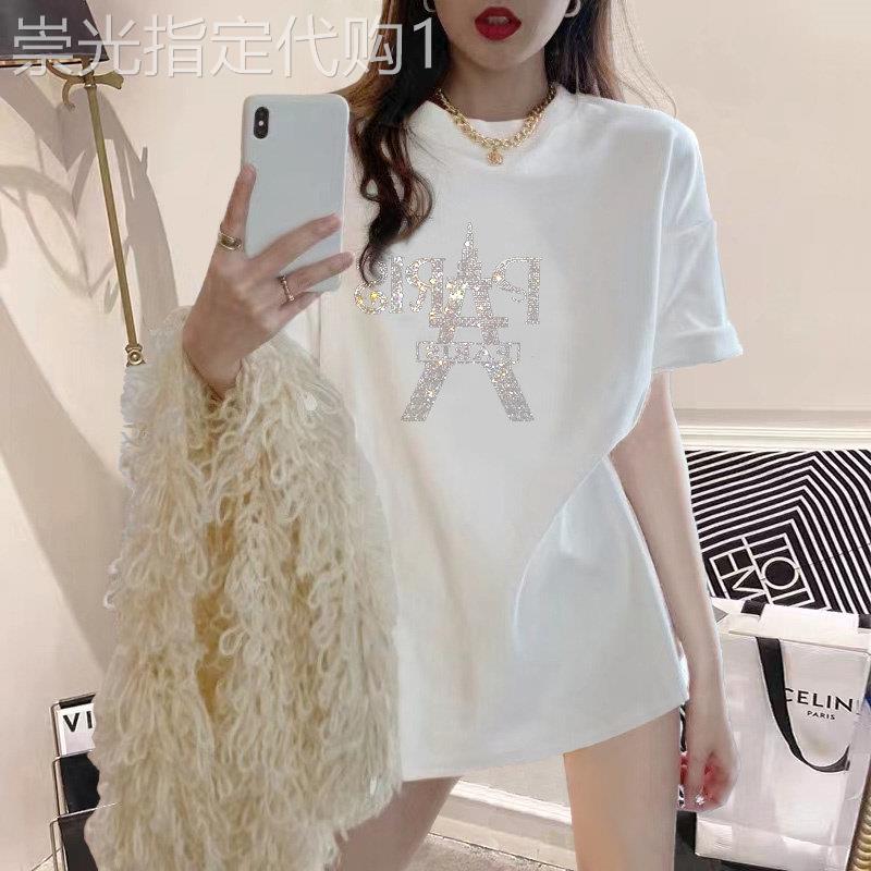 磨毛短袖T恤女早春新款别致减龄小众体恤中长款遮屁股烫钻上衣潮