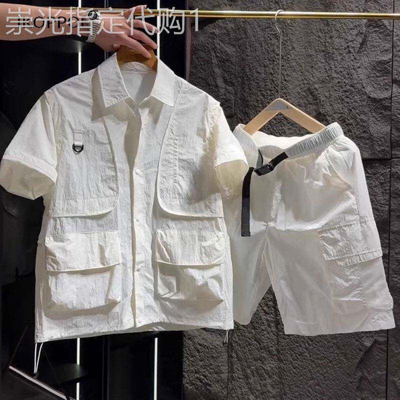 轻奢休闲工作服短袖男士夏季速干透气两件套潮流宽松纯色简约五分
