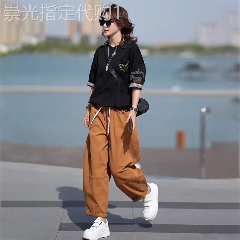 潮牌时尚休闲印花短袖套装女夏季新款宽松显瘦圆领T恤上衣哈伦裤