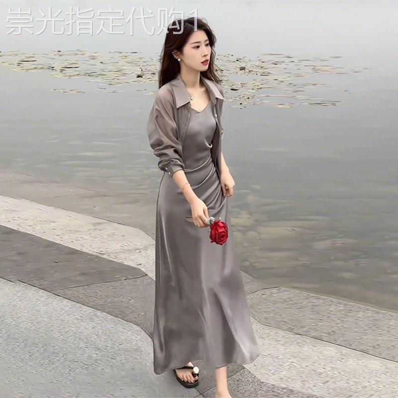 潮牌轻熟风洋装套装女夏季收腰显瘦吊带裙防晒衬衫衣洋派两件套