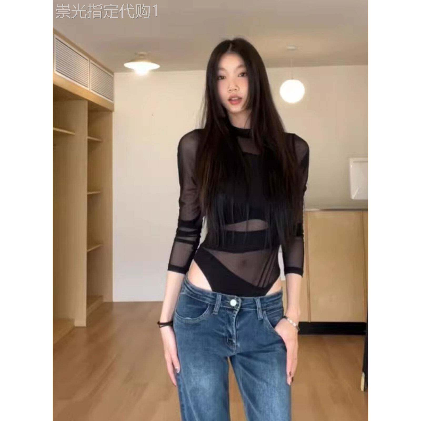 日系春秋2025新款辣妹性感网纱拼接打底衫女修身内搭黑色镂空上衣