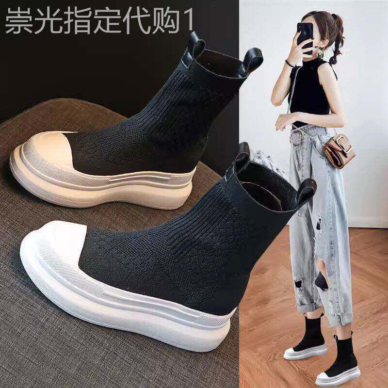 潮牌网红弹力袜子鞋女2026年新款春秋百搭韩版内增高中筒厚底袜靴