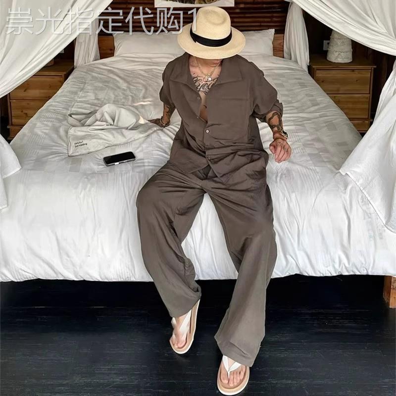轻奢男士老钱风亚麻休闲套装2026夏季长袖衬衫冰丝棉麻长裤一整套