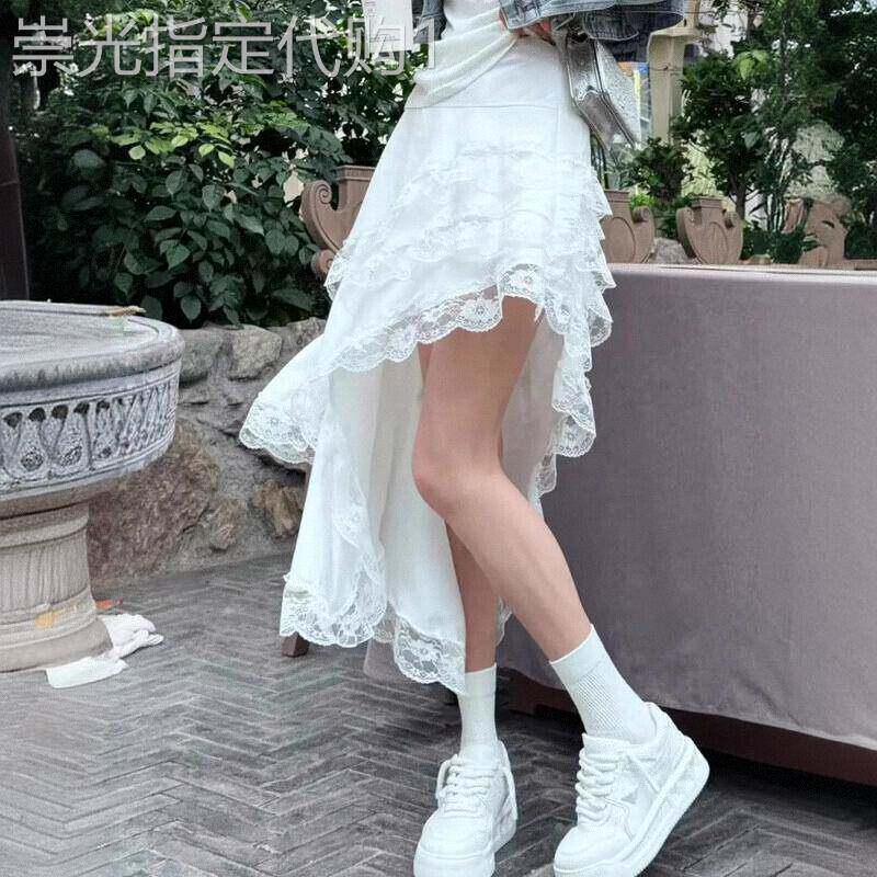 潮牌不规则蕾丝花边半身裙女2026春夏法式设计感松紧腰开叉中长裙