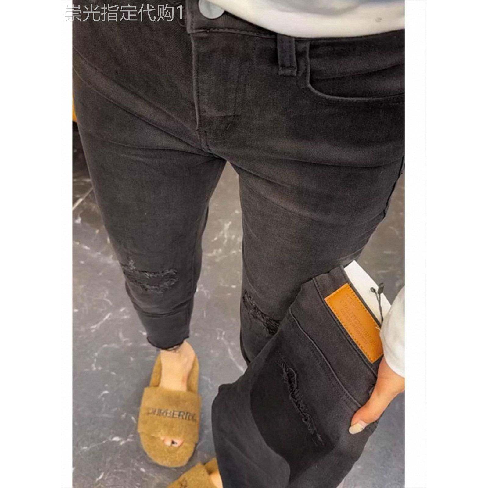 欧洲春秋女九分破洞牛仔裤大码肥毫米羊毛衬里高腰弹力生边直筒裤