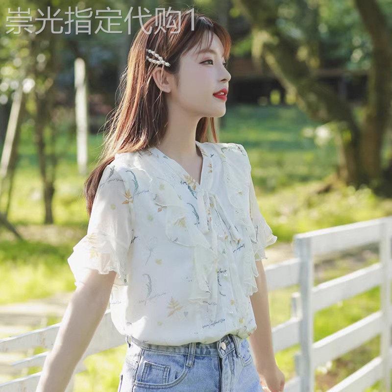 雪纺衬衫女2026新款短袖t恤夏季薄款洋气设计感小众碎花小衫上衣