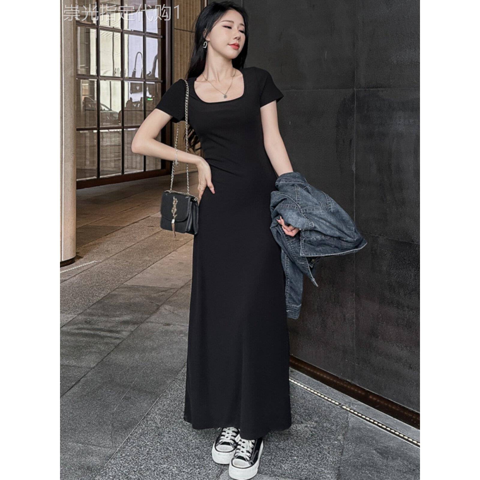方领洋装女2026新款夏季莫代尔黑色修身显瘦包臀长裙高个子裙子