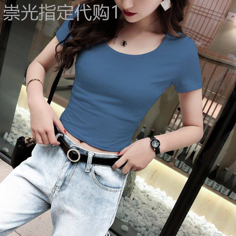 香港短款上衣女短袖t恤新款夏装小个子高腰露脐修身漏肚脐短上衣