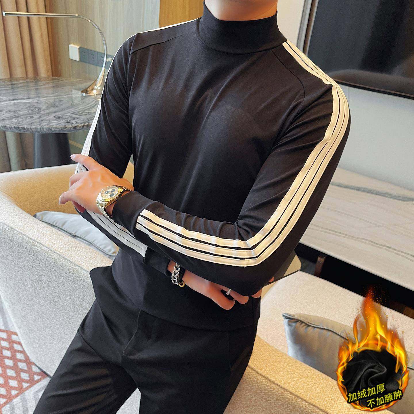 香港条纹织带拼接半高领T恤男长袖秋冬季加绒加厚修身中领打底衫