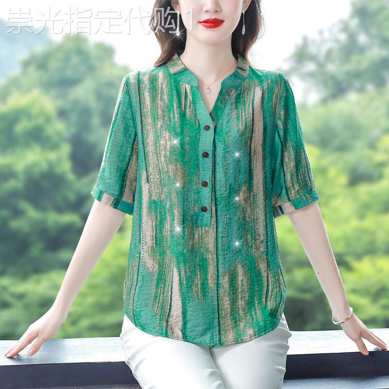 雪嘉仕正品宽松休闲短袖衬衫女2026夏季新款时尚烫钻印花休闲上