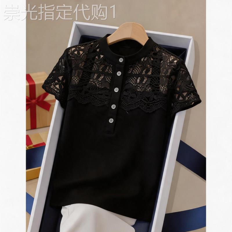 蕾丝短袖衬衫女秋夏新款高端显瘦遮肚子雪纺衫上衣透纱半袖T恤衫