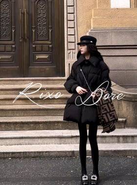 RIXO DORE法式黑色小个子中长款A字羽绒服女冬新款显瘦白鸭绒外套