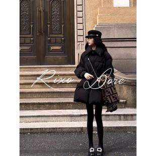 RIXO DORE法式黑色小个子中长款A字羽绒服女冬新款显瘦白鸭绒外套
