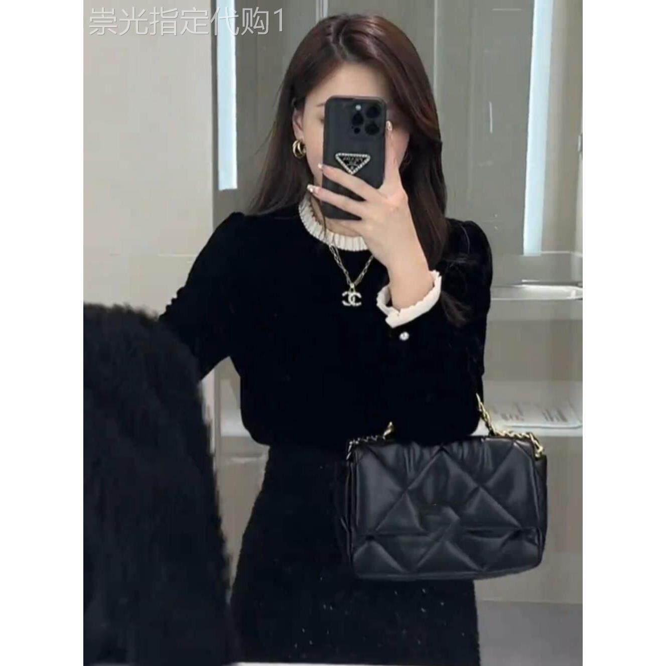 法式气质木耳边拼接金丝绒打底衫衬衫女春秋冬小香风上衣洋气小衫
