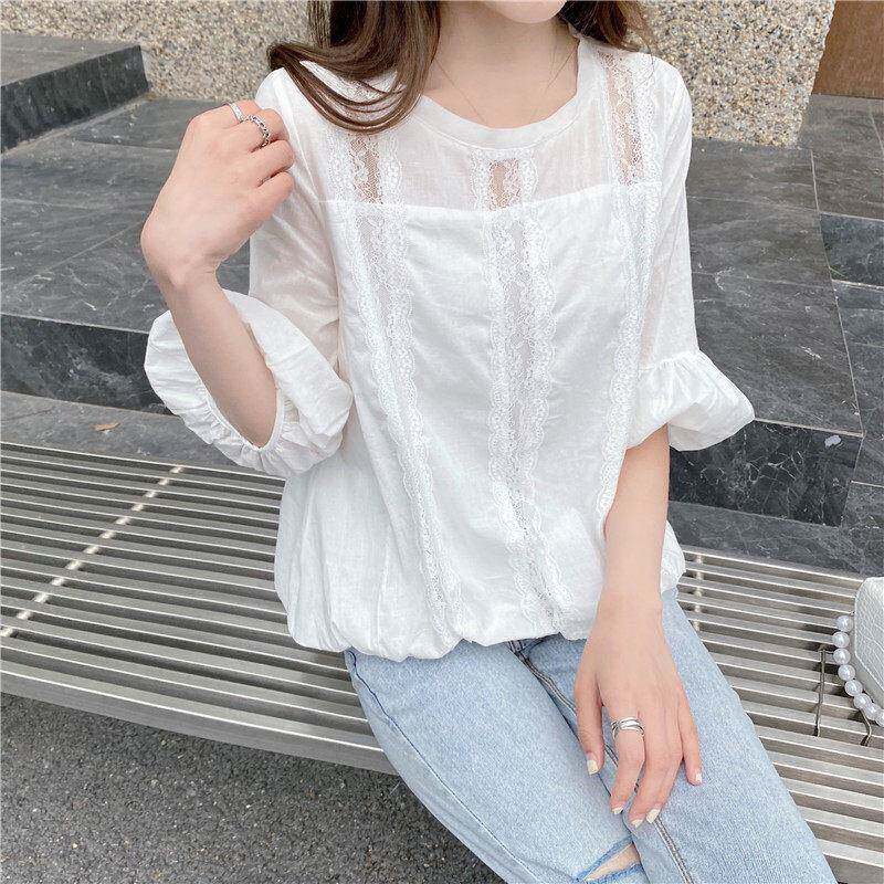 潮牌宽松大码显瘦t恤蕾丝衫女夏季雪纺衬衫胖妹妹200斤遮肚子上衣