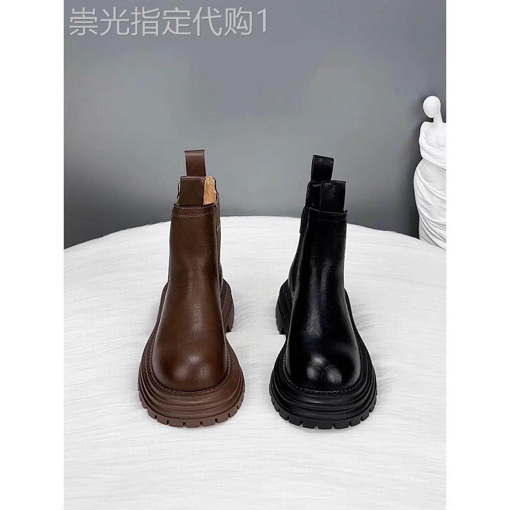 香港真皮马丁靴女秋季2025新款爆款英伦风切尔西烟筒靴厚底短靴子
