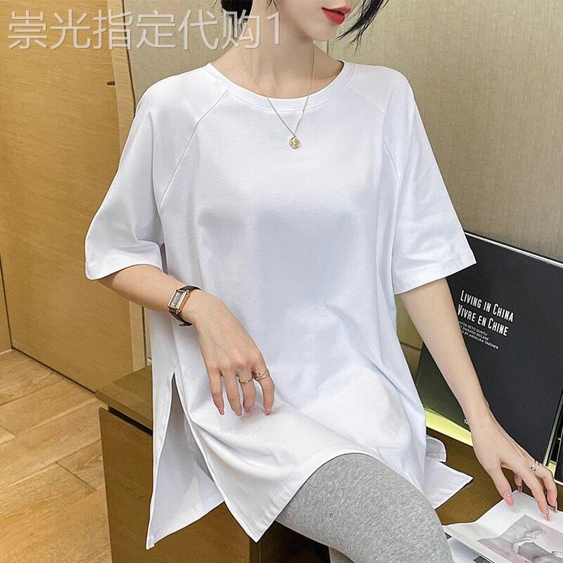 宽松韩版开叉中长版白色T恤女2026夏季遮肚显瘦半袖大尺码潮流上