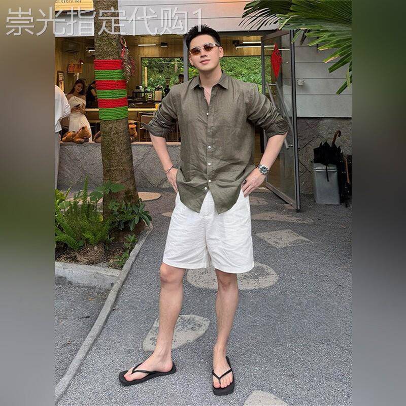 老钱风亚麻防晒长袖短裤套装男款夏季海边度假风休闲穿搭一整套