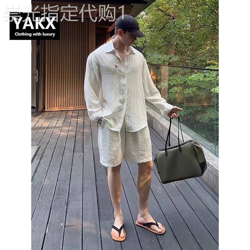 老钱风冰丝亚麻感套装男士夏季2026新款薄款防晒长袖衬衫短裤一套