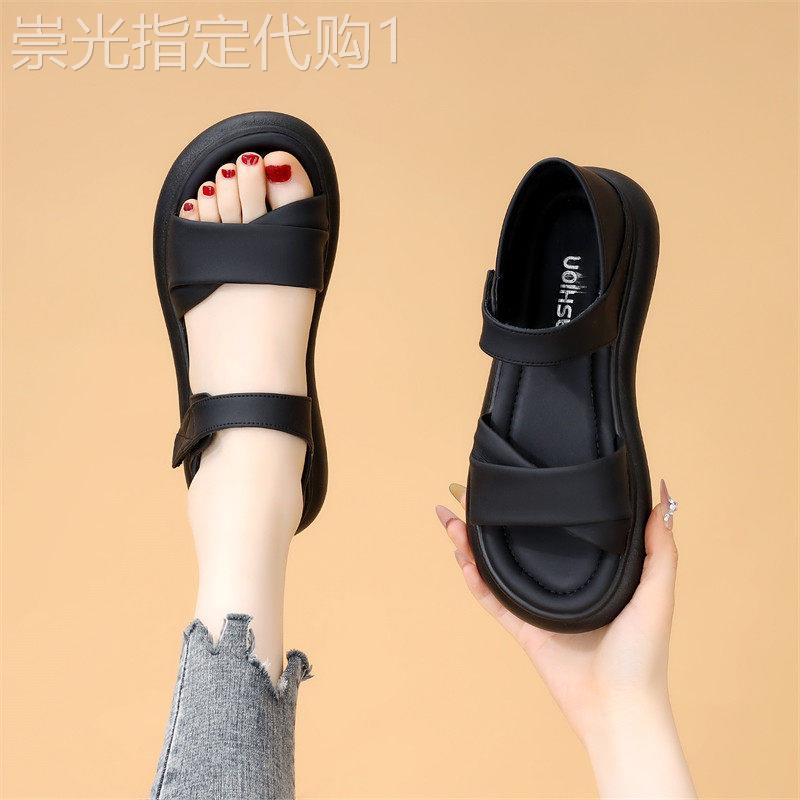 香港真皮厚底松糕凉鞋女夏2026新款增高软底不累脚配裙沙滩罗马鞋