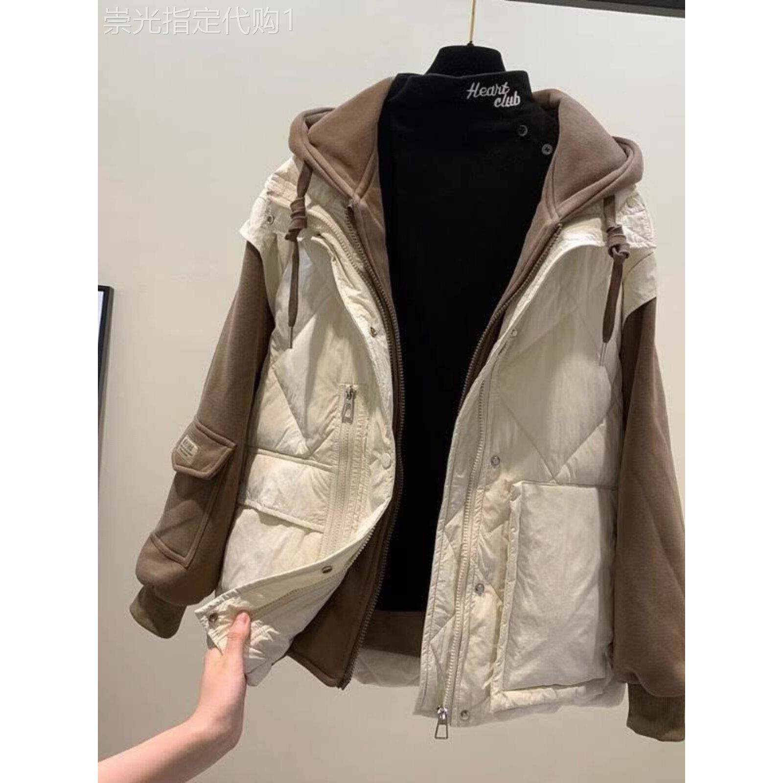 假两件套羽绒服妇女冬季2025新流行的宽松休闲连帽运动衫背心棉质