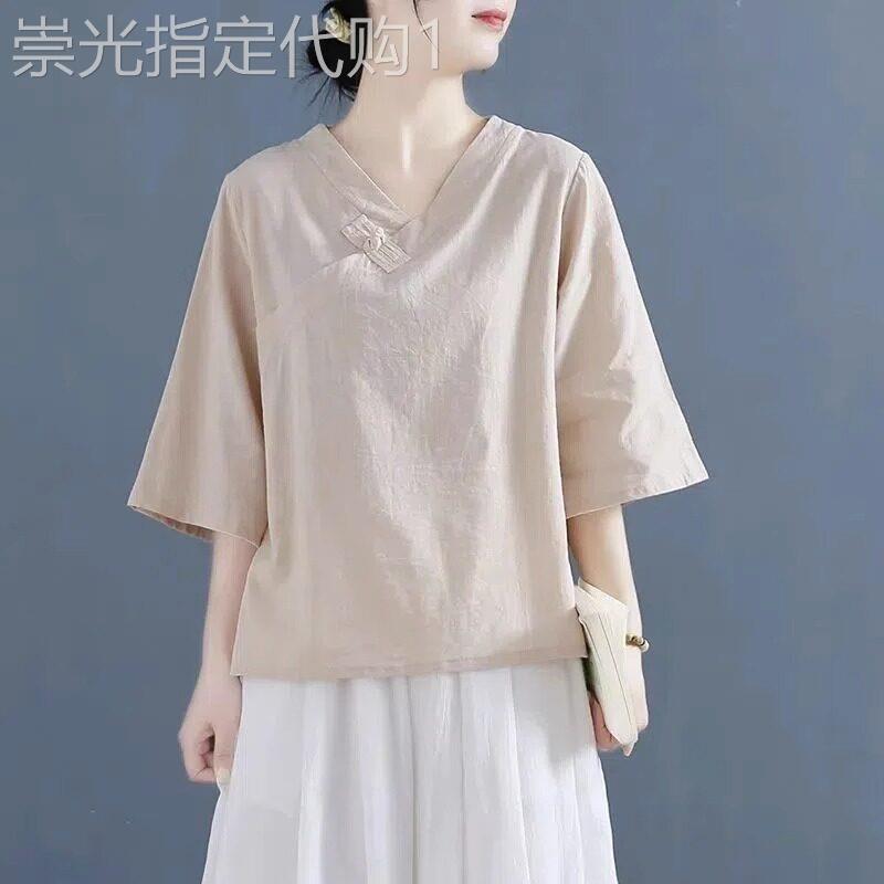潮牌2025夏季纯色V领亚麻衬衣T恤女胖MM韩版时尚五分袖棉麻上衣服