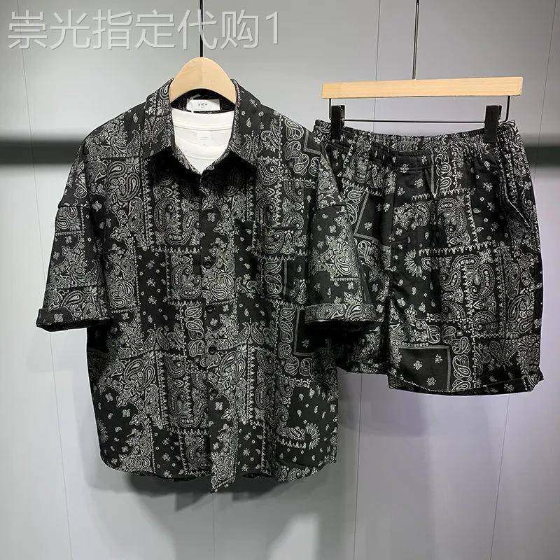 日系大码花衬衫短袖男套装2026夏季新款沙滩旅游度假休闲宽松衬衣
