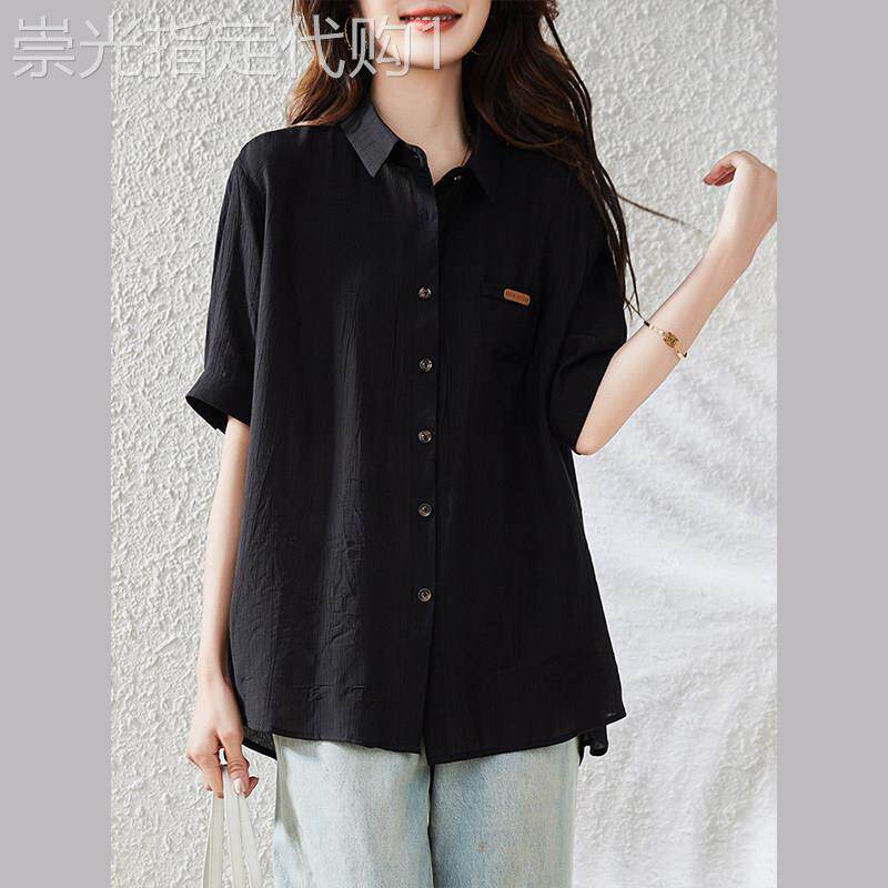 欧洲站黑色纯棉衬衫女2026夏季新款高端不规则中长版全棉大尺码T