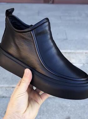 63751头层牛皮休闲新款加绒时尚男士头层牛皮侧拉链休闲男皮鞋