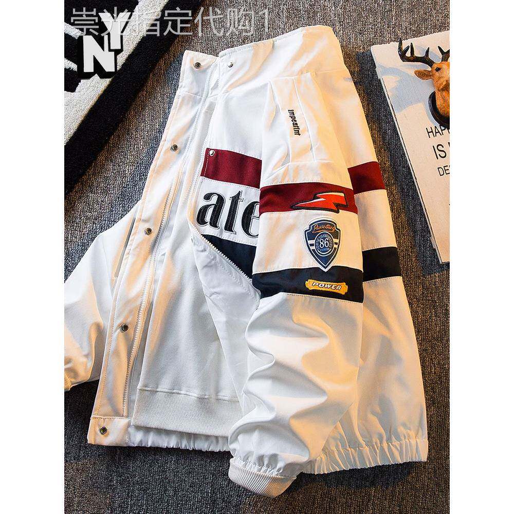 NY美式覆古刺绣赛车风外套男士潮牌痞帅情侣机车服立领飞行员夹克