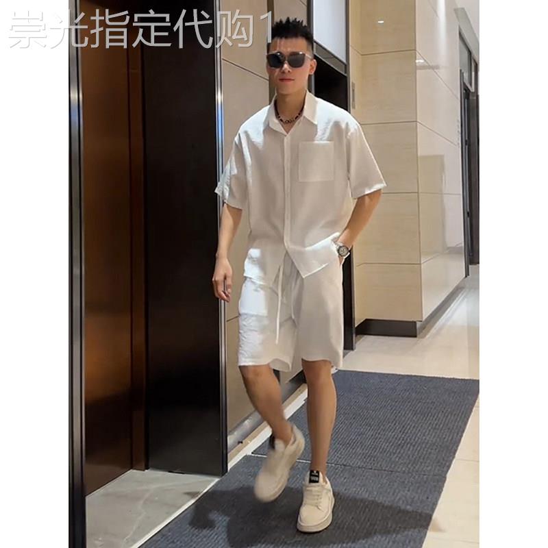 夏季薄款冰丝短袖衬衫套装男酷帅穿搭休闲衬衣短裤两件套