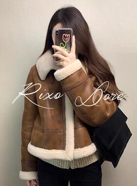RIXO DORE法式美拉德风咖色羊羔毛外套女短款皮毛一体麂皮绒大衣