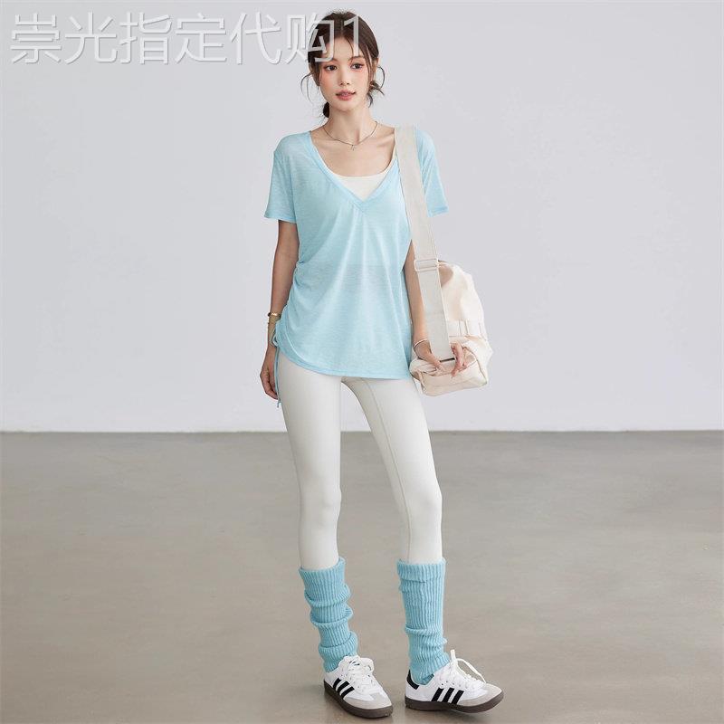 潮牌大V领运动短袖女宽松罩衫抽绳显瘦薄款瑜伽服跑步透气健身T恤