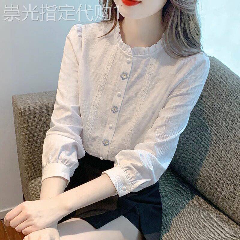 白色衬衫女春秋2025新款时尚洋派设计感木耳边立领长袖内搭衣上衣