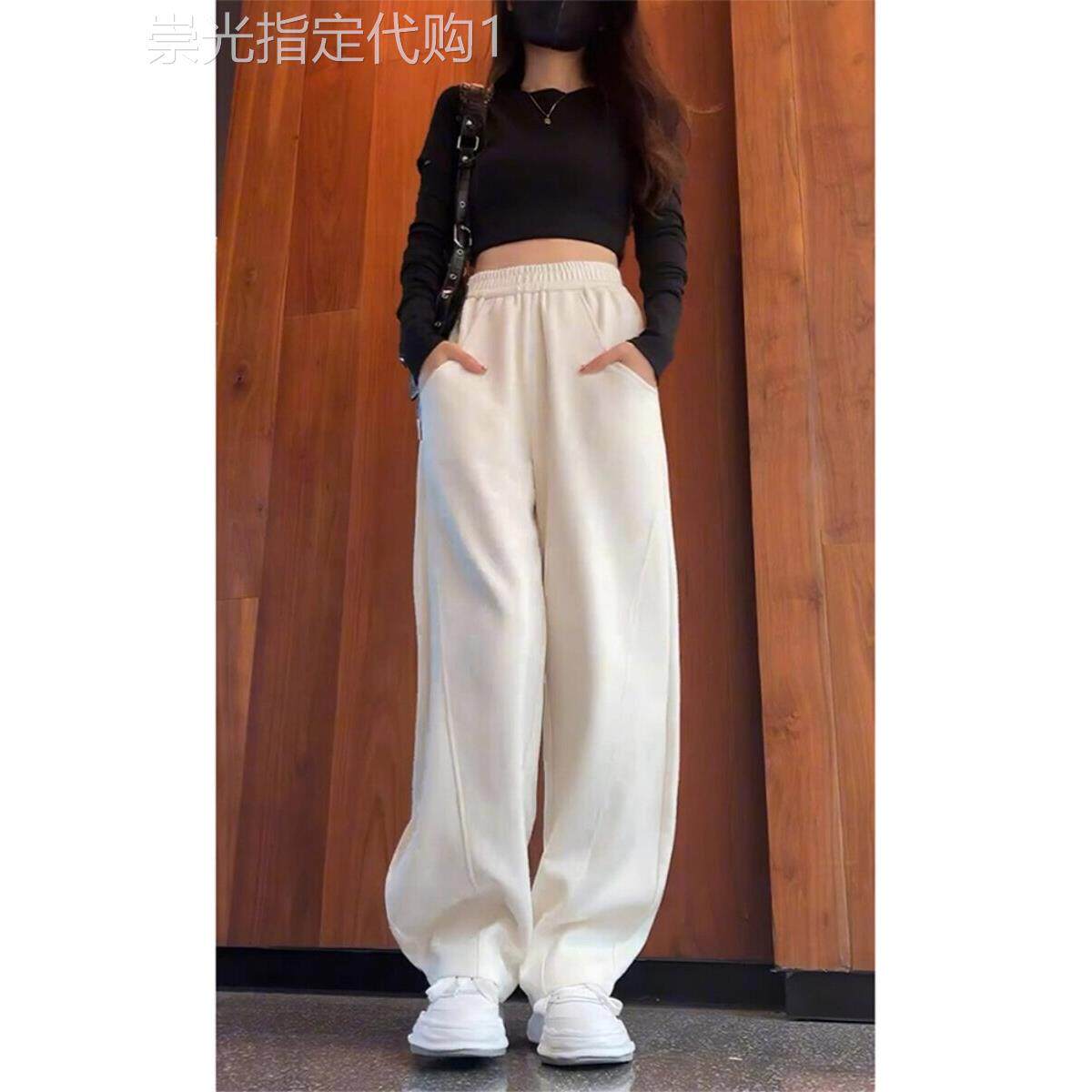 杏阔腿香蕉女裤秋冬2025新款高腰褶皱羊毛衬里运动裤小直腿运动裤